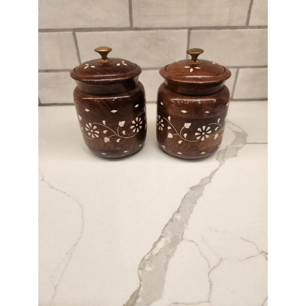 Wooden Kitchen Storage‎ Flower Canister Jars with Lid for Snacks, Food Set Of 2